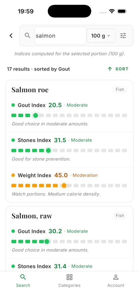 AUG app: search a food and its 3 health indexes